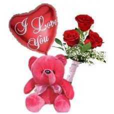 3 Red Roses Bouqet,Red Bear With I Love U Balloon#50