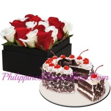 12 White & Red Roses Box with Black Forest Cake