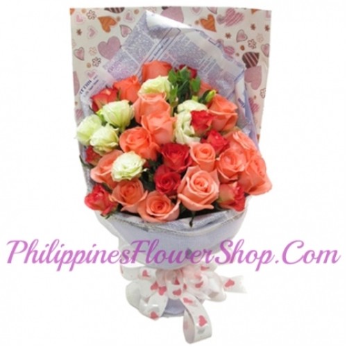 24 Orange White & Red Roses Bouquet