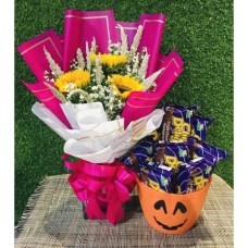 Trick-or-Treat Cookies in Basket & 3 Sunflowers Bouquet