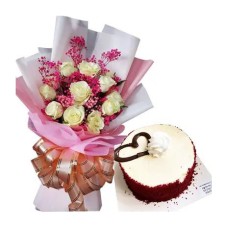 12 White Roses Bouquet & Red Velvet Mini Cake