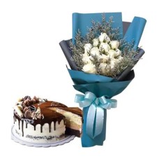 12 White Roses Bouquet with Triple Treat Cake by Max
