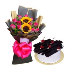 12 Pink Roses 2 Sunflowers Bouquet with Black Forest Cake
