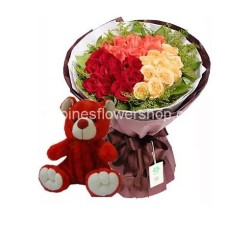 24 Mixed Roses in Bouquet with Teddy Bear