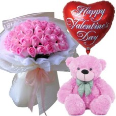 24 Pink Roses Bouquet, Bear & Valentines Balloon