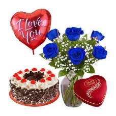 6 Blue Roses Vase, Black Forest Cake, Lindt Heart & Balloon