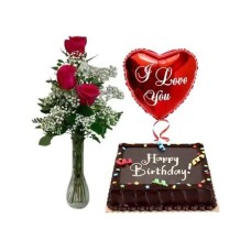 3 Red Rose in Vase, Chocolate Cake & I Love U Balloon