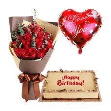24 Red Roses in Bouquet, Mocha Cake & Heart Balloon