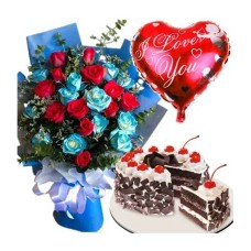 24 Blue with Red Roses, Black Forest Cake & Heart Balloon