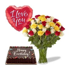 36 Mixed Roses Vase, Heart Balloon & Chocolate Cake