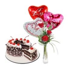 3 Red Roses Vase, Heart Balloon & Black Forest Cake