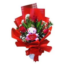 3 Red Pieces Rose with  Bear