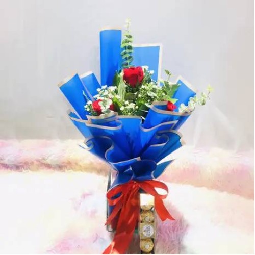 3 Red Roses Bouquet with 5 Pcs Ferrero