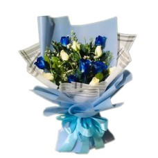 One Dozen White & Blue Roses in a Bouquet