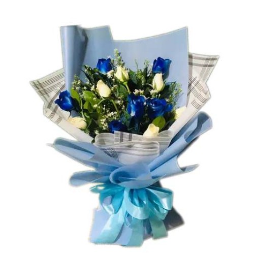 One Dozen White & Blue Roses in a Bouquet