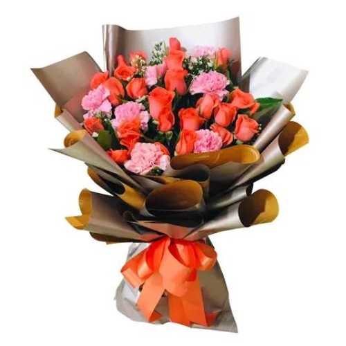 24pcs Orange Rose & 10 Pink Carnation In a Bouquet