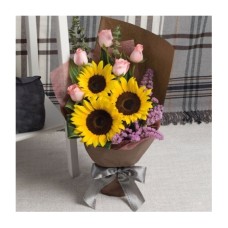 3 Sunflowers and 5 Pink Roses Bouquet