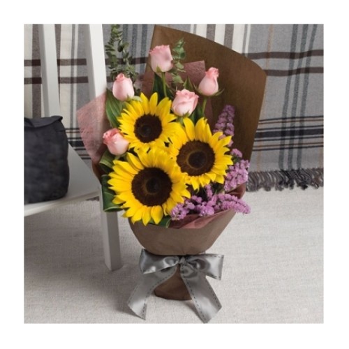 3 Sunflowers and 5 Pink Roses Bouquet