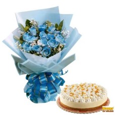 12 Blue Roses Bouquet & Red Ribbon Mango Graham Mousse