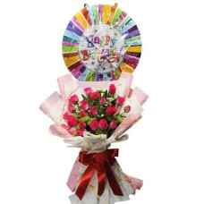 24 Hot Pink Rose Bouquet with Balloon