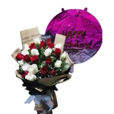 Gorgeous Red & White Rose With Balloon