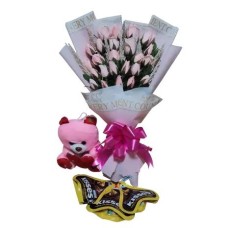 24 Peach Rose with Small Bear & Kisses Chocolate