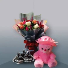 12 Mixed Color Rose Bouquet with Small Bear and Chocolate