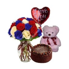 Mixed Roses in Vase Bear & Balloon W/Cake