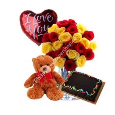 24 Mixed Roses in Vase Bear & Balloon W/Cake