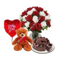 24 Mixed Roses in Vase Bear & Balloon W/Cake