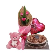 3 Pink Roses with Cake Bear & Balloon