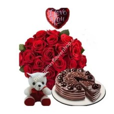 24 Red Roses Bear & Balloon W/Cake