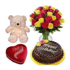 36 Mixed Roses Vase, Bear, Chocolate Cake & Lindt Heart