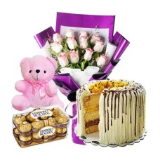 12 Pink Roses, Bear, Mango Cake & 16pcs Ferrero