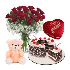 24 Red Roses, Bear, Cake & Lindt Heart Chocolate