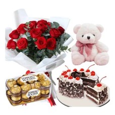 12 Red Roses, Bear, Cake & Chocolate