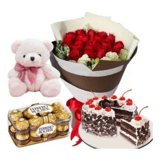12 Red Roses, Chocolate, Cake & Bear