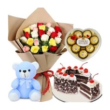 24 mixed Roses, Bear, Cake & Heart Ferrero