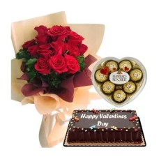 12 Red Roses, Bear, Chocolate Cake & Ferrero Heart