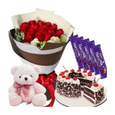 1 Dozen Red Roses, Bear, Cake & Cadbury