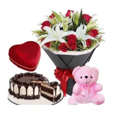 12 Red Roses with Lilies, Bear, Cake & Lindt Heart