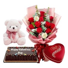 Mixed Roses Bear W/ Chocolate & Cake