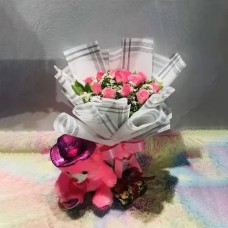 12 Pink Roses with Teddy Bear and Ferrero Rocher