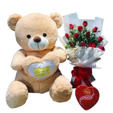 12 Red Rose with 2ft Bear & Heart Shape Chocolate