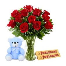 12 Red Roses in Vase, Teddy Bear & Toblerone Bar