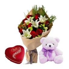 12 Red Roses & 1 Stem Lilies Bouquet, Teddy Bear & Lindt Heart