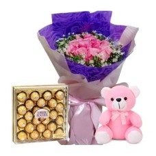 12 Pink Roses Bouquet, Teddy Bear & 24 Ferrero Box