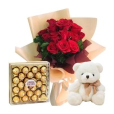 12 Red Roses Bouquet, Teddy Bear & 24 Ferrero Box