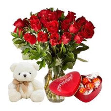 24 Red Roses W/ Chocolate & Teddy Bear