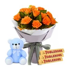 2 Dozen Orange Roses, Teddy Bear with 3 Toblerone